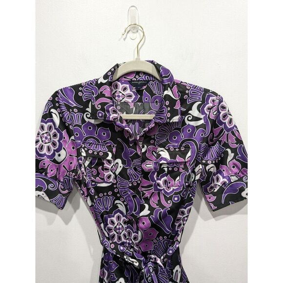 Banana Republic Retro Mod Print Short Sleeve Belted Button Front Shirt Dress, 2 - Picture 2 of 12